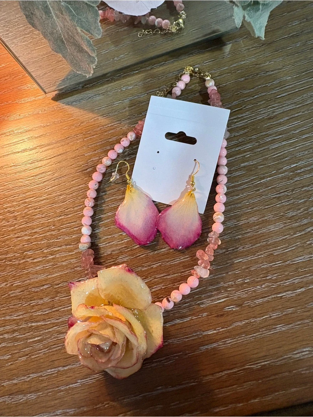 Handcrafted Pink and Yellow Rose Statement Necklace and Earring Set